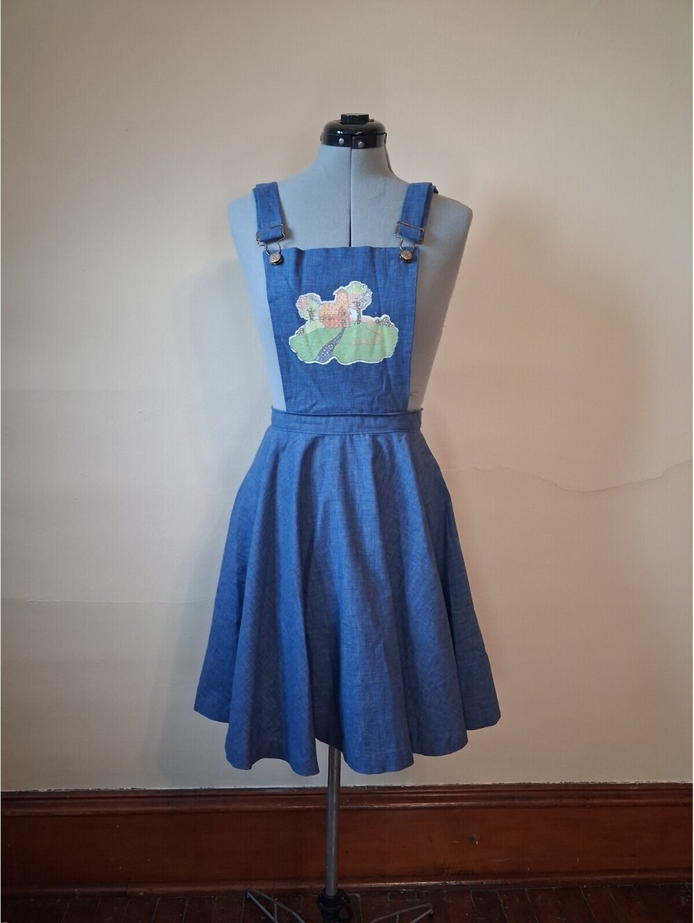 Vintage Overall Dress, 70s Handmade Blue Size S/M Appliqué Circle Skirt W/bibs